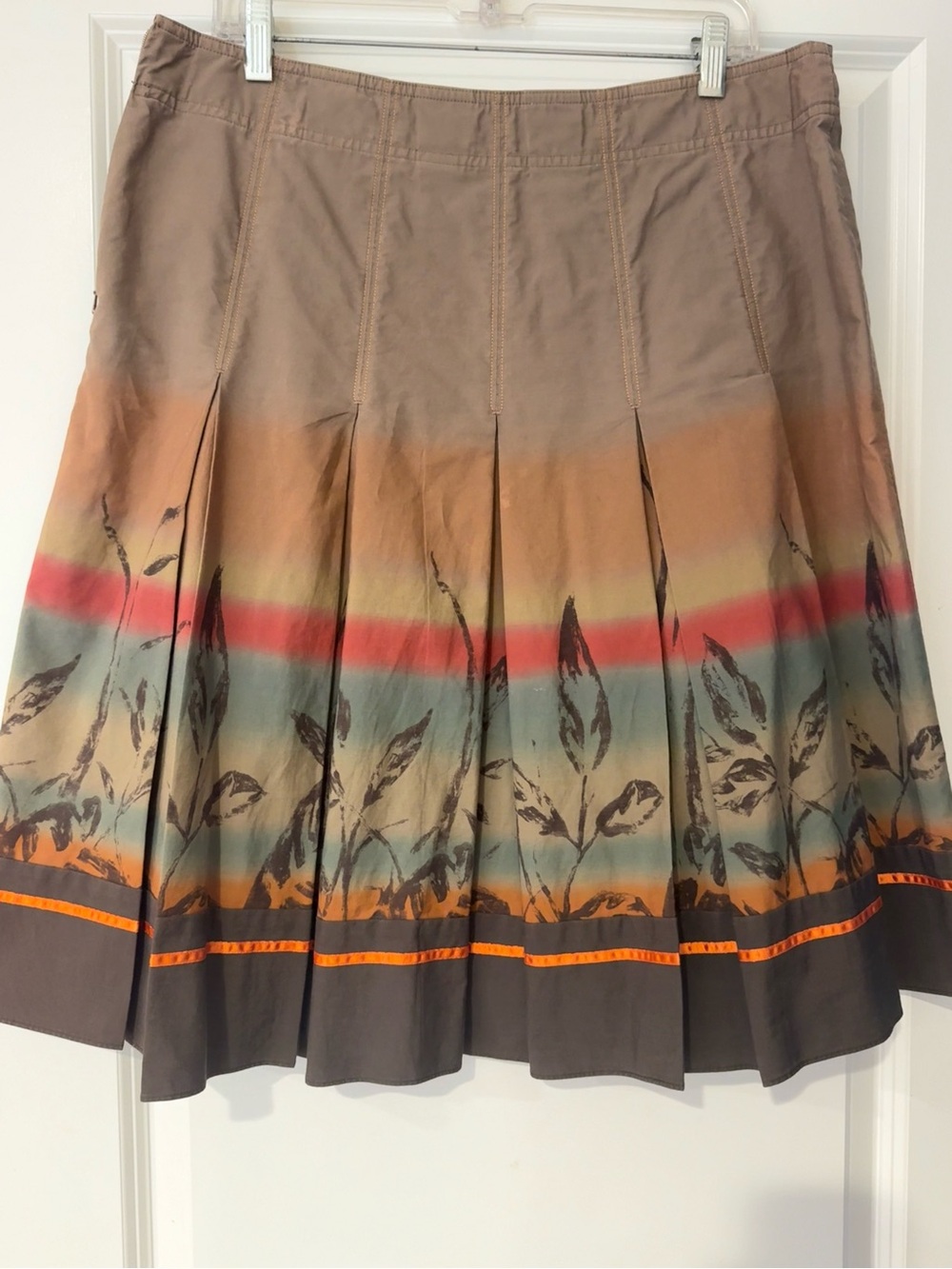 DKNY Brown Gradient Pleated Skirt with Orange and Coral Accents